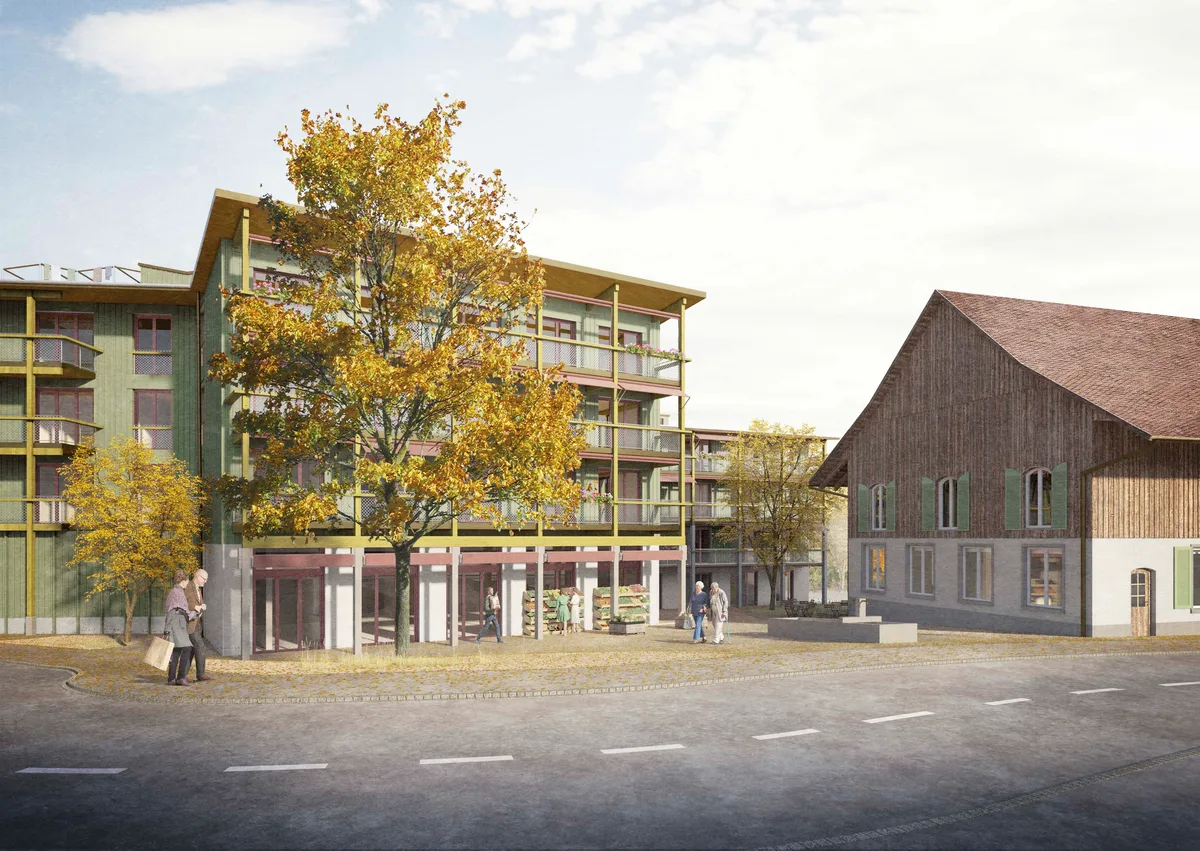 Gleich daneben sollte die neue Siedlung hinkommen – wenn sie denn kommt. Man sieht zwei Gebäude auf einer Visualisierung.